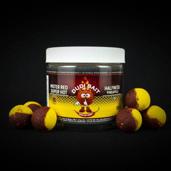 Boilies de carlig Dudi Baits Mister Red Super Hot Halfness Pinneaple 14mm